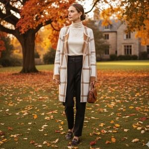 Rain & Rose Open Front Soft Cardigan Off White Tan Plaid Size Medium Office Fall